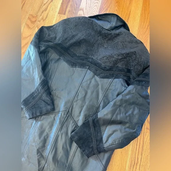 Vintage Greg Bell Black Genuine Leather Trench Coat Jacket S - Picture 9 of 10